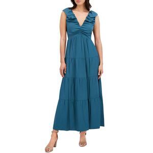 Siena Womens V-Neck Tiered Maxi Dress 10 Teal - $148